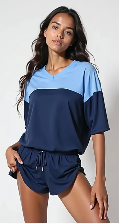 a young woman in a blue and blue top and shorts posing, blue tight tshirt, navy blue, blue shirt, navy-blue, wearing a volleyball jersey, loose - fitting blouses, dark blue, blue clothing, blue tunic, dark blue shirt, navy shirt, blue clothes, sports cloth...