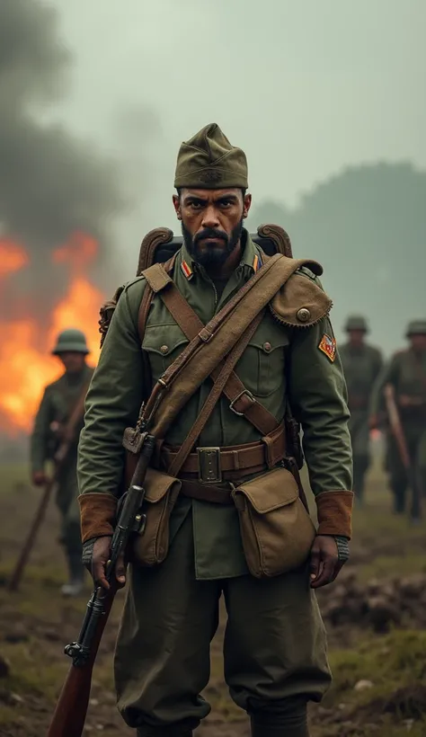 Create an impactful vertical image for TikTok of a fierce Brazilian soldier who fought in the first world war (1914-1918), wearing traditional soldier attire of the time. The warrior should be in the foreground, staring directly at the camera with a menaci...