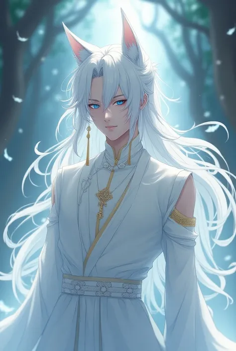 White Hair Man Right Eye Blind Red Right Eye Blue White Chinese Dress With Yellow Long Earrings Fox Ear Anime