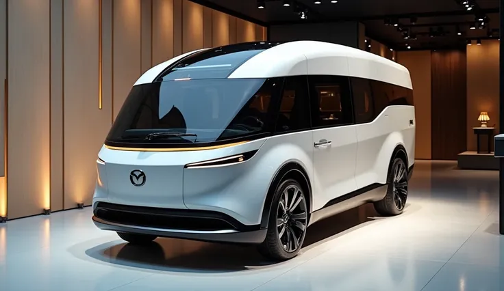 2025 Mazda Camper Motorhome inspired by Giottivan design white colour in Showroom luxurious showroom background wall clearly displayed Mazda logo