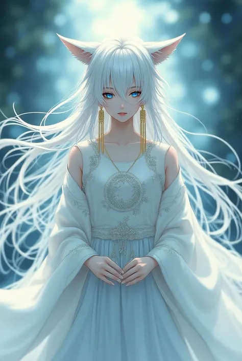 White Hair Man Right Eye Blind Red Right Eye Blue White Chinese Dress With Yellow Long Earrings Fox Ear Anime