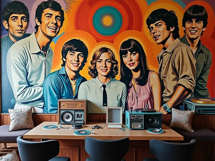 A HIGH QUALITY 1960S POP CULTURE MURAL, FEATURING MOVIES, MUSIC, RECORDS, TAPES, FASHION, BEATLES, JAMES BOND, JOHN KENNEDY, ELVIS PRESLEY, ANN-MARGRET, STEVE MCQUEEN, JOHN WAYNE, ROLLING STONES, THE MONKEES, VINTAGE STEREO AND TURNTABLE, SAN FRANCISCO HAI...