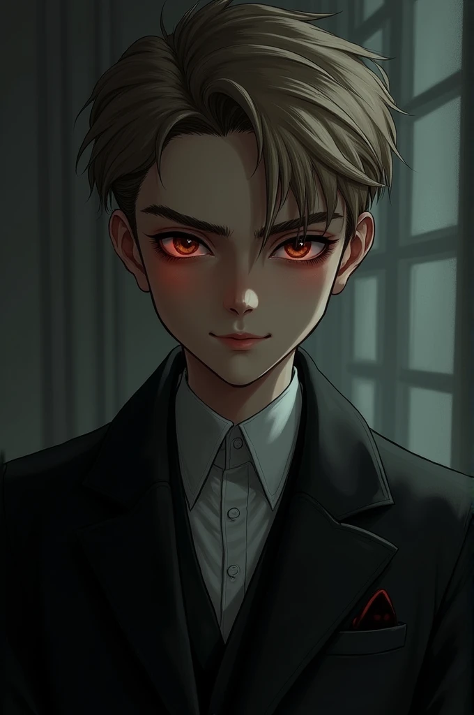 The boy in elegant clothes has sharp facial features and an ominous smile has short dark blond hair combed to the sides and brown eyes are infrared and seem psychic 