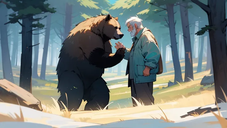 Make a strong old man , And a grizzly bear staring at each other in the forest