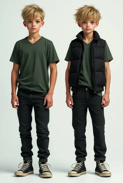  Create a realistic full-body image of a 15-year-old boy from a,70 tall athletic body he has a double personality a good and a bad personality ,  in a good personality his skin and light blue eyes short hair Textured Crop blonde his clothes are a dark gree...