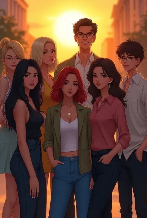 Seven handsome friends who are seen posing for a photo on their first day of school standing outside the university where you can see a sunset.  including four women .  one of her girls with very long black hair up to her waist Lizo .  Another girl with sh...