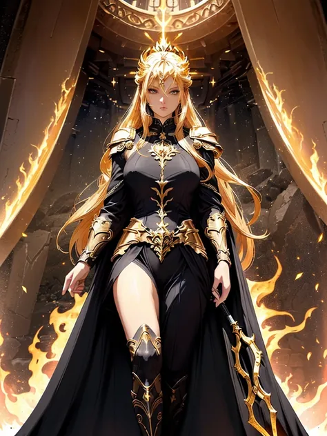 A low-angle shot of a powerful warrior woman with golden hair flowing behind her. She wears black, ornate armor with gold accents that glisten in the light. The blazing fires swirl around her, casting a fiery halo beneath her feet. She stands taller than t...