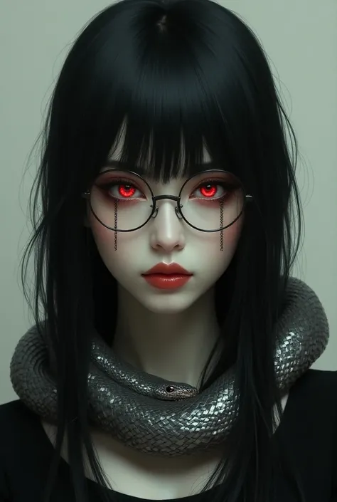  A black-haired woman ,  red eyes wearing round glasses, with a snake on her shoulder 