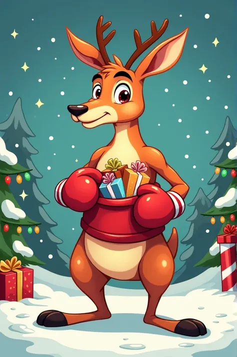 Cartoon, a boxing kangaroo mixed with a Christmas reindeer, with presents in its kangaroo-like pouch.