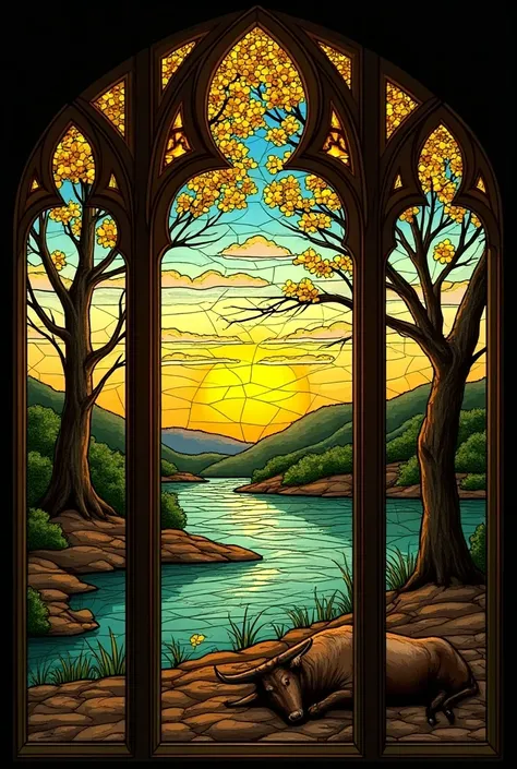  Make an image of a medieval mosaic window divided into three parts of the Pantanal on fire.  In the first part of the stained glass window it will be a flowery yellow ipê ,  in the middle part the river in the background with the sunset and in the last pa...