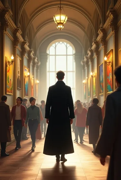 18-19 centuries, a man in a black robe was walking with his back along the corridor in the middle of the house, among many people, bright cartoon pictures, daytime atmosphere.