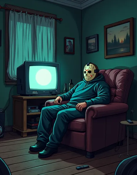 (Cartoon:2.0),  Jason Voorhees sitting on the armchair in his house , Relax watching TV at night in your living room, Very relaxed and with control in hand in front of the TV 