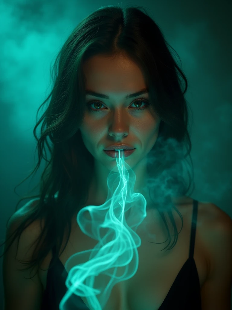 Light sculpting photography of a gorgeous European woman.age 23. Epic double g natural perky breast. In action.she’s sucking out the souls (ethereal green blue smoke going from mouth to mouth )  of the living and shoots them into mummies.