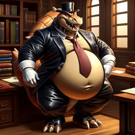 A large, tall, male, extremely obese, steampunk, professor Dingodile wearing a glossy brown leather collar around his neck, glossy white gloves on hands and glossy white spats on his feet, fancy spats, white spats on feet, gloves on feet, bulging belly, la...