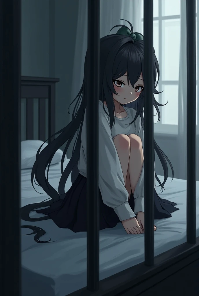  , anime is a girl sitting on the bed and putting her head on her knees sadly behind bars. With long black hair, a horse tail comb and wearing a black skirt and a white shirt .  