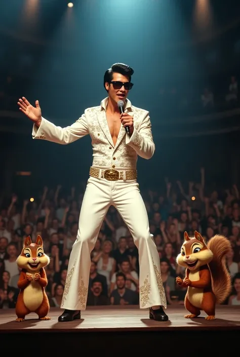 Elvis Presley singing at a concert with the squirrels from the movie Alvim and the Chipmunks
