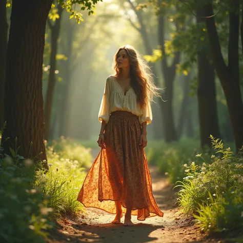 (photorealism:1.2), A female stands barefoot on a sun-dappled forest path, wearing a flowing, patterned bohemian skirt and a loose peasant blouse. Her long, dirty blonde hair cascades in loose waves as she gazes off into the distance, lost in thought. The ...