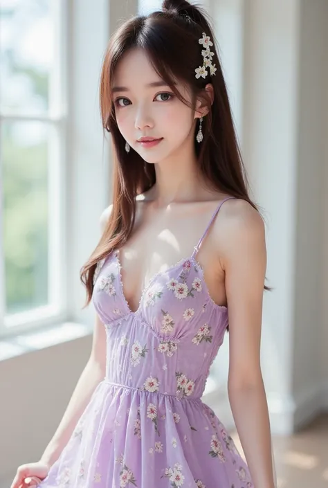 A hyper-realistic photograph captures the ethereal beauty of a east asian young model, around 20 years old, radiating a celestial and innocent charm. Her captivating blue eyes are filled with a sense of wonder, their bright, clear hue perfectly complementi...