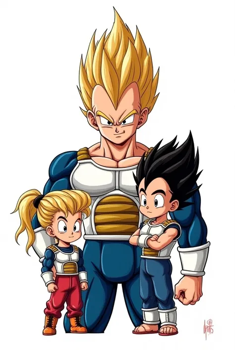 (Manga-style anime)  I want an image to tattoo of Vegeta with her two ren (trunks and bra), with white background and lines 