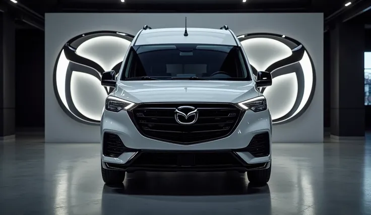 There is a picture of Giottivan Design with the Maxda logo and Mazda written on the body of the van and the van is parked in a luxury showroom, van straight front view the Mazda logo is clearly visible on the back wall of the showroom.  