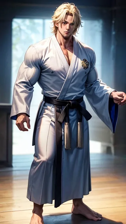  Extremely muscular thirty-year-old male , messy blonde hair ,  big expressive blue eyes  , Tall stature , traditional karate costumes  , barefoot , de frente para o espectador ,  looking at the spectator , full body