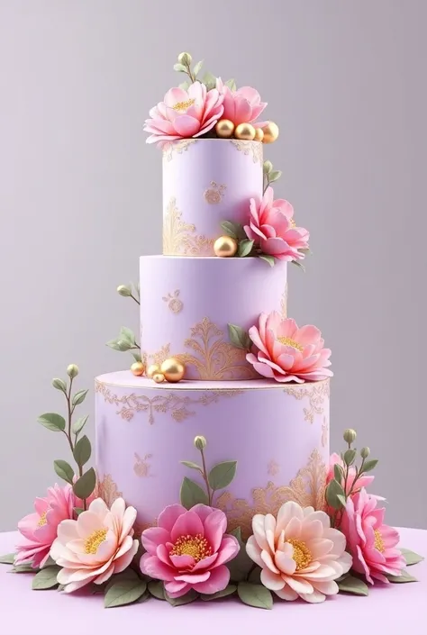 Lilac three-story cake and bouquet of flowers with gold details and gold balls