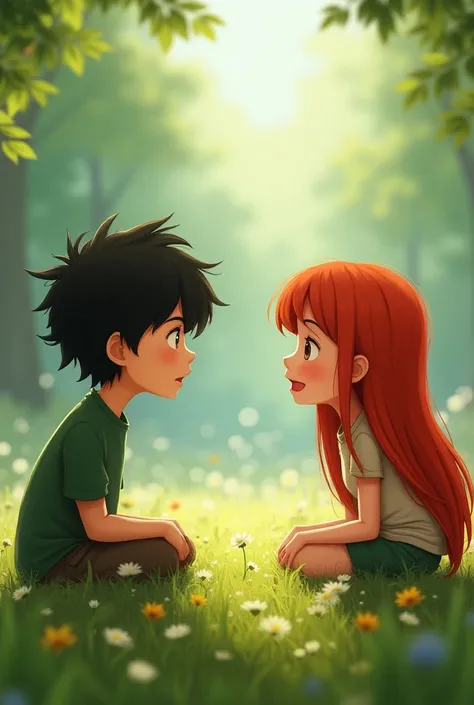 Black-haired boy and red-haired girl talking 