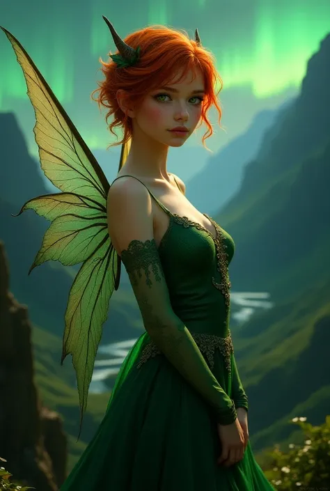 Redhaired, young busty woman, fae, wings, frecles, green eyes, short vikingstyle hair, mouintain background with northern lights in the sky, green dress