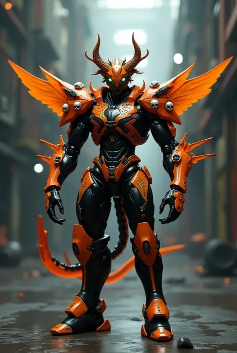 A samurai robot with a tail and a katana and orange and black knife-shaped wings It has horns with sharp thorns, glowing multi-colored lights, gold patterns, and skull and cross ornaments.Industrial factory background Decorated with diamonds and antenna