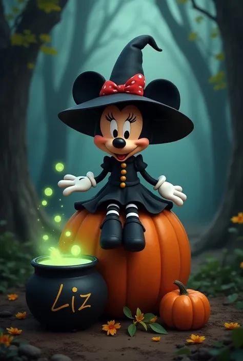 Image of Minnie Mouse disguised as a little witch sitting on a pumpkin with the big name Liz engraved on a large black kettle with a bubbling green concoction and on a real dark forest background with black witch shoes and stockings with black and orange s...