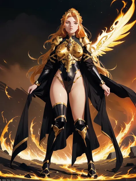 A low-angle shot of a powerful warrior woman with golden hair flowing behind her. She wears black, ornate armor with gold accents that glisten in the light. The blazing fires swirl around her, casting a fiery halo beneath her feet. She stands taller than t...