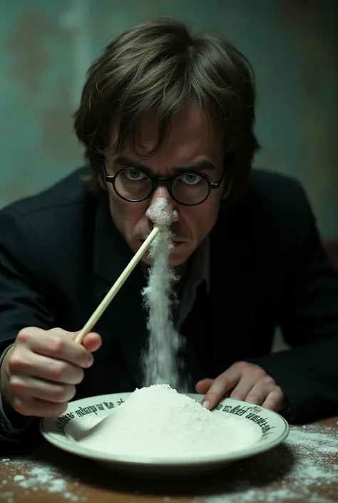 Harry Potter with cocaine on the tip of his nose and with a plate full of cocaine and with a straw in his hand 

