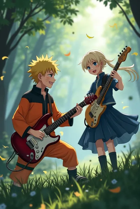 Naruto playing the guitar in the background with Zenitsu
