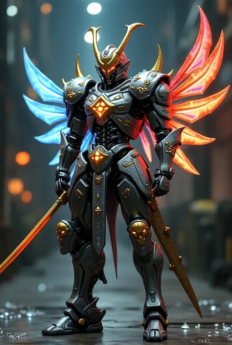 A samurai robot with a tail and a katana and Multi-colored chrome and black knife-shaped wings It has horns with sharp thorns, glowing multi-colored lights, gold patterns, and skull and cross ornaments.Industrial factory background Decorated with diamonds ...