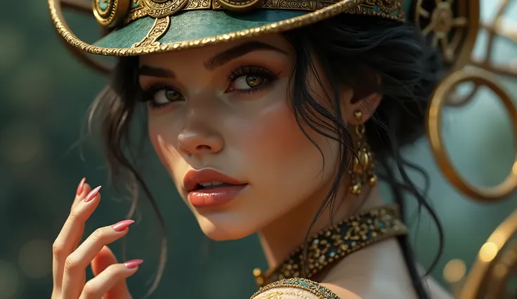 Bruna Marquezine as beautiful stunning steampunk woman, (full body), ultra-detailed eyes, ultra-detailed body, nice perfect face with smooth skinice, stunning female body, ((ultra-detailed hands)), masterpiece concept fantasy art, trending on Artstation, h...