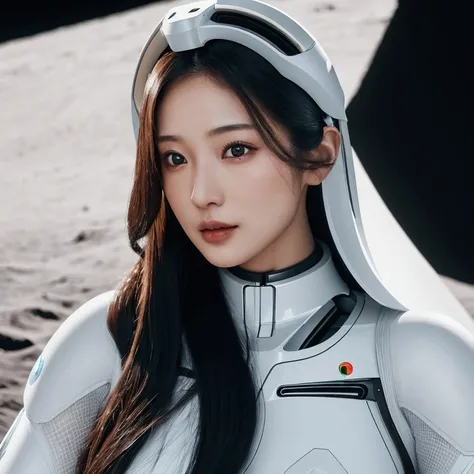 a beautiful 35 year old asia woman with long hair is wearing a white tight robotic suit , on the moon