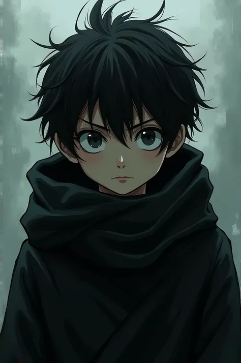  boy with dark eyes covered with a black coat ,divided between sadness ,  madness and loneliness anime version 