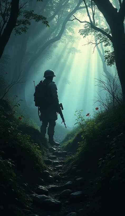 "A dark, foreboding landscape with thick trees and overgrown brush. There’s an eerie silence, broken only by the glint of sunlight off the soldier’s rifle, implying the tension of an unseen threat lurking within the shadows."