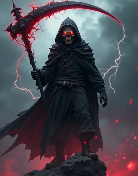 IMG_7481.CR2: Create a hyper-detailed, cinematic design of a menacing skull-faced figure wearing a black hoodie, exuding an eerie, unsettling aura. The skull has a creepy expression, with burning red eyes glowing intensely from the sockets. In one hand, th...