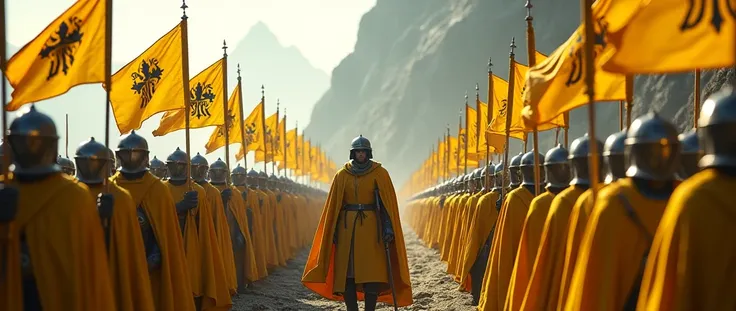 Middle Ages. skyrim. A guard captain wearing a helmet and a yellow cloak stands in front of a formation of guards wearing helmets and yellow cloaks. Yellow flags. weapon.