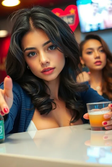 (Ultra Real), (High Resolution), (8K), (Very Detailed), cute, upper body,woman girl, (American Philippina mixed race), naughty look, busty, mixed race,  (behind counter), behind table, blue pullover, big deep sensual eyes, black thick hair, very cute, 