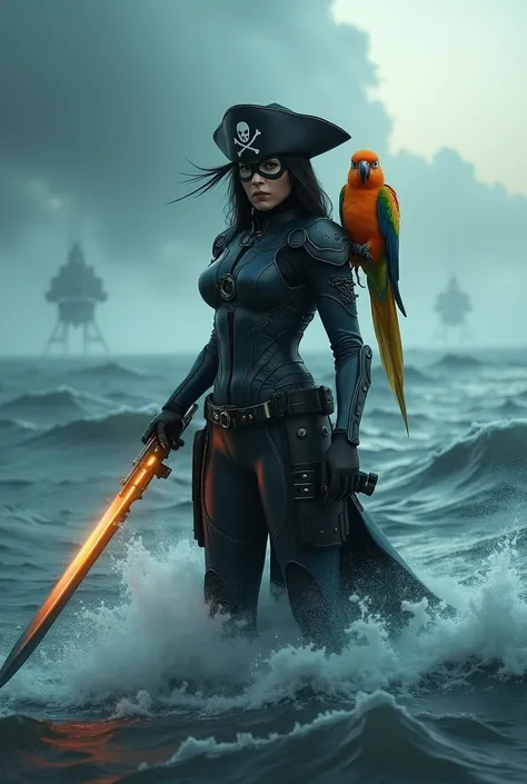 Futuristic pirate super hero with her futuristic sword and parrot in the background in rough sea 