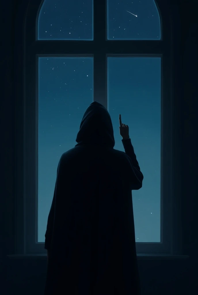 A lone figure with a dark hooded cloak stands in front of a large window at night, gazing into a starry sky with faint shooting stars in the distance. The figures back is turned, and they appear to be raising one hand, as if in thought or contemplation. Th...