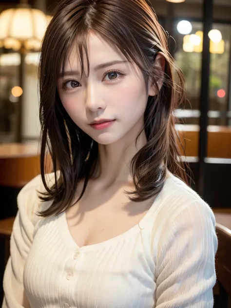 natta, Raw photography, (((Very beautiful portrait))), ((glistning skin)), 1girl in, Sexy 2 girl, Cafe Clerk、((Sauvages natural brown hair)), Gentle smile staring at the camera, ((​masterpiece, top-quality, ultra-detailliert, ciinematic light, intricate de...