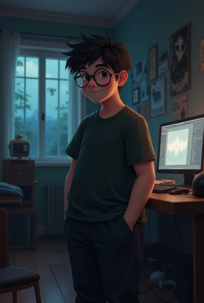 Make a 17-year-old gamer boy dark-haired, Black and with glasses and chubby