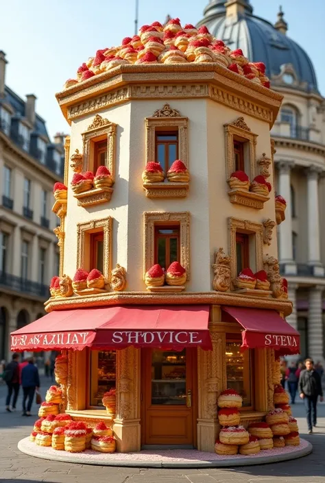 A small Parisian pâtisserie near the Opéra Garnier has been transformed into a whimsical pastry masterpiece, with the entire facade made of realistic desserts. The building features caramel-glazed éclairs, tartes aux fraises with shiny strawberries and dri...