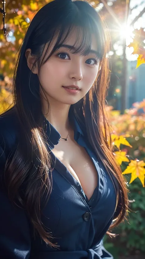 ((( opens her chest wide)))、(((I can see her cleavage))),Lots of autumn leaves, bright red maples, bright red autumn leaves, (highest quality, masterpiece: 1.3, super high resolution), (super detail, caustics, 8k), (photorealistic: 1.4, RAW shooting), 1 gi...