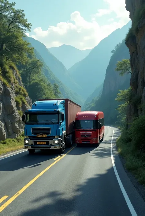 A collision scene on a curved mountain road with two vehicles involved: a large blue cargo truck and a red bus. The road is narrow with a steep drop on one side and green mountains on the other. The truck and bus are stuck side by side, blocking the road. ...