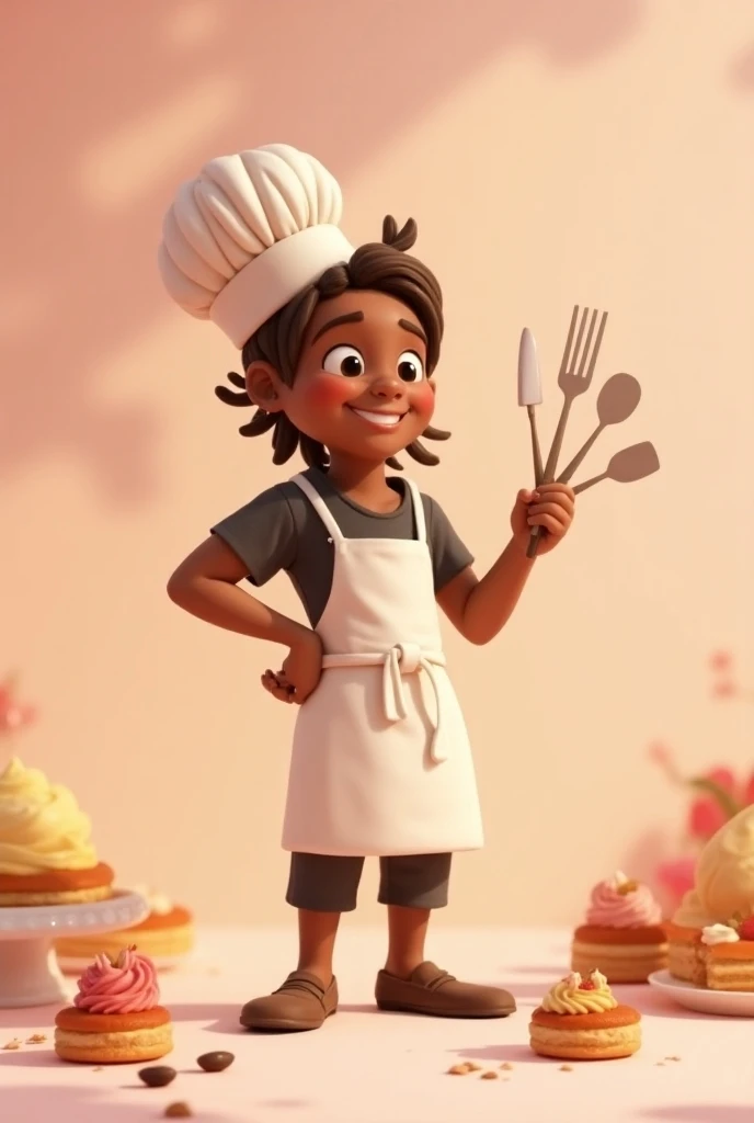  Cartoon pixar pastry chef with pastry utensils in his hand,  brown skin and light and long hair , with the title of JEMA . SWEET in brown and pink colors 
