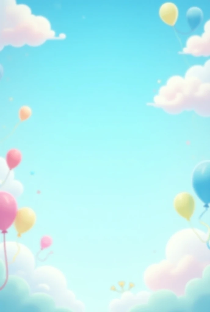 Design a fun and inviting cartoon-style background for a rens clothing store advertisement. The scene should feature a bright blue sky with soft, fluffy white clouds scattered throughout. Add colorful balloons in pastel pink, yellow, blue, and green, float...